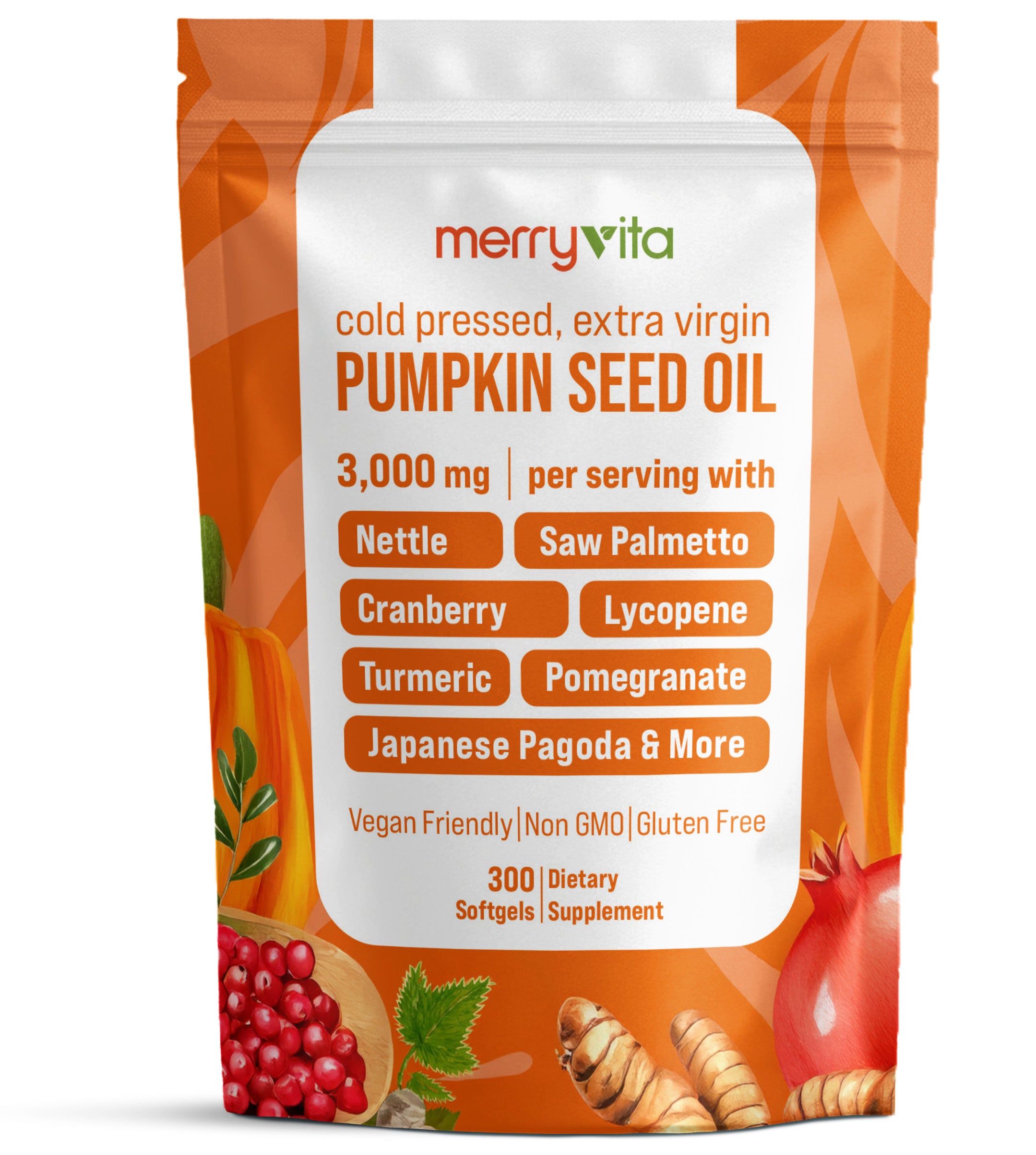 MERRYVITA Pumpkin Seed Oil - Cold Pressed Extra Virgin with Saw Palmetto & Nettle - 300 Softgels